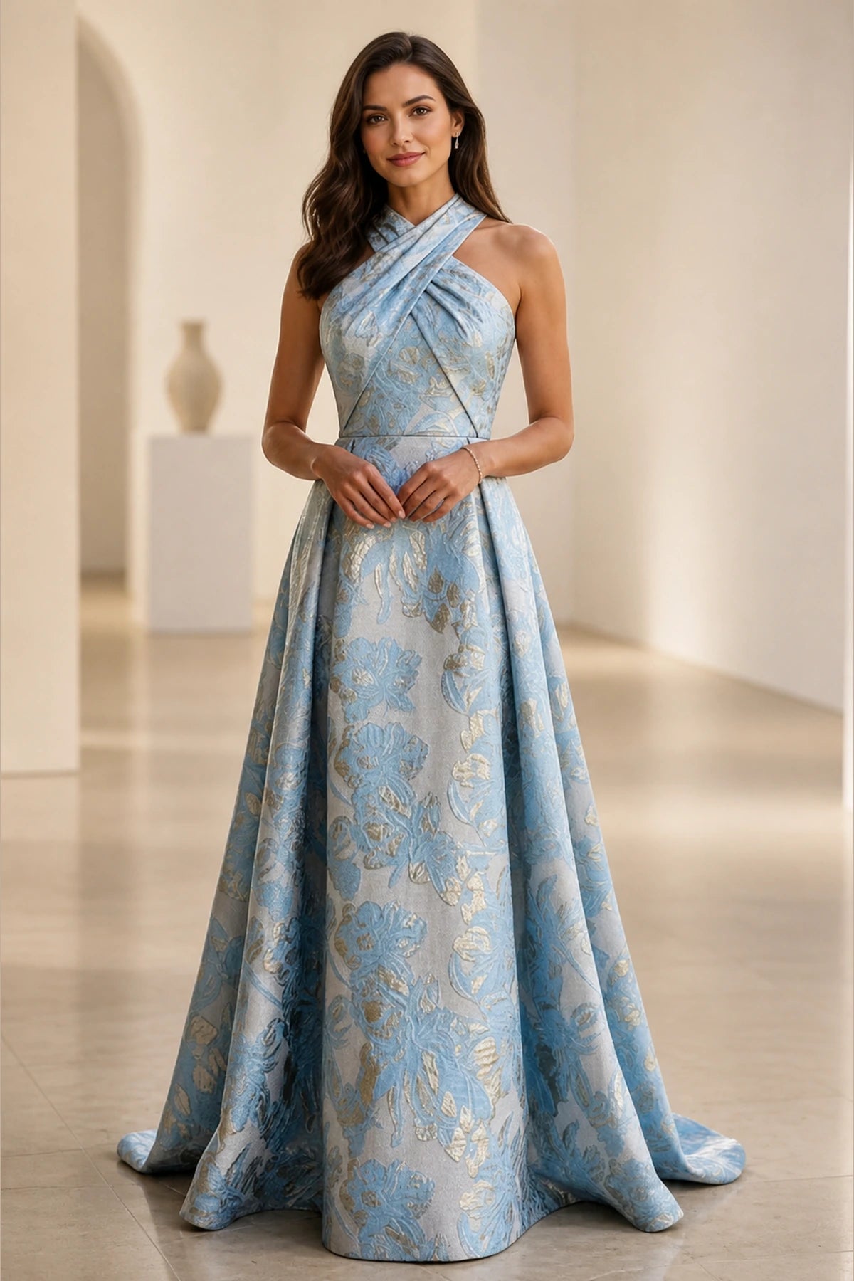graceprom dusty blue A-line wedding guest dress front view, halter crisscross neck, metallic gold floral brocade, full floor-length skirt