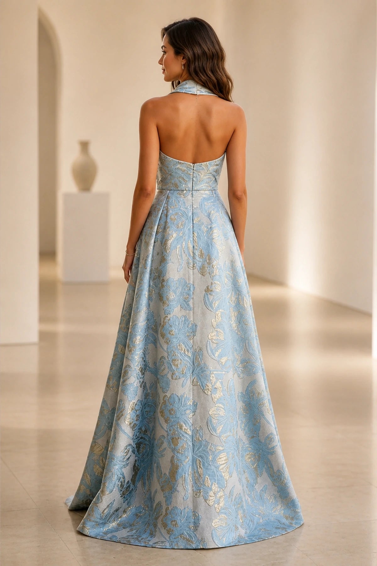 graceprom dusty blue A-line wedding guest dress back view, open halter back, center back zipper, brocade formal gown with train