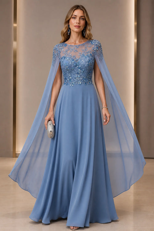 graceprom dusty blue A-line wedding guest dress front view, round neck sheer cape sleeves, lace sequin bodice, flowy chiffon skirt
