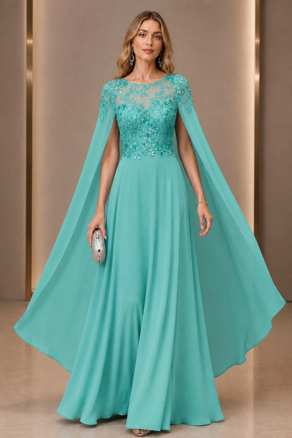 A Line Round Neck Cape Solid Back Long Wedding Guest Dress