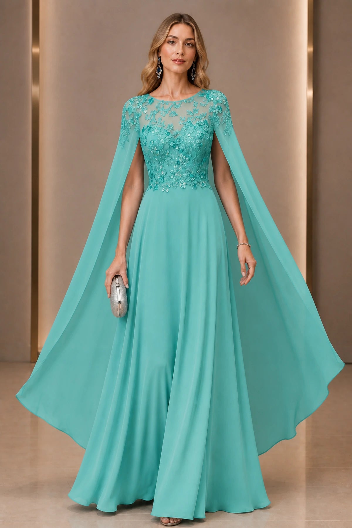 A Line Round Neck Cape Solid Back Long Wedding Guest Dress