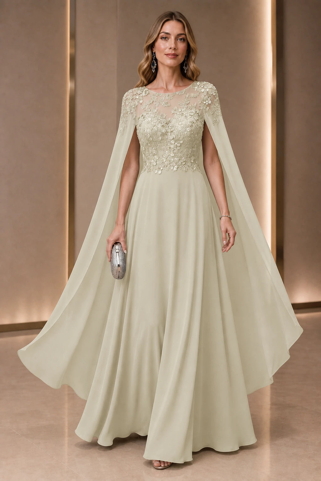 A Line Round Neck Cape Solid Back Long Wedding Guest Dress
