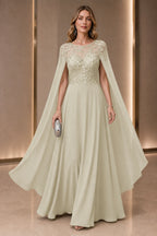A Line Round Neck Cape Solid Back Long Wedding Guest Dress