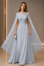 A Line Round Neck Cape Solid Back Long Wedding Guest Dress
