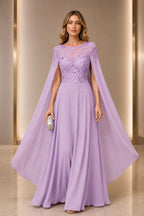 A Line Round Neck Cape Solid Back Long Wedding Guest Dress