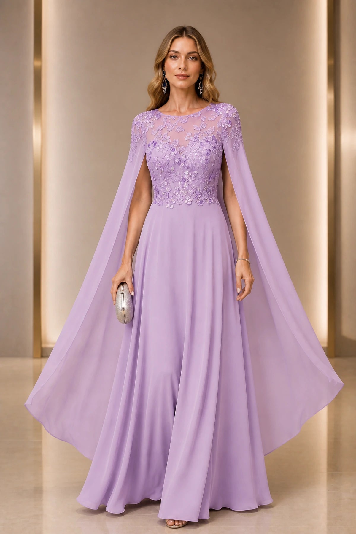 A Line Round Neck Cape Solid Back Long Wedding Guest Dress