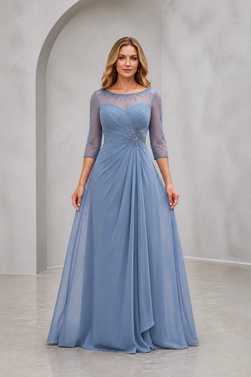 Graceprom dusty blue a-line mother of the bride dress, illusion neck 3/4 sheer sleeve beaded chiffon formal gown front view