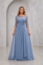 Graceprom dusty blue a-line mother of the bride dress, illusion neck 3/4 sheer sleeve beaded chiffon formal gown front view