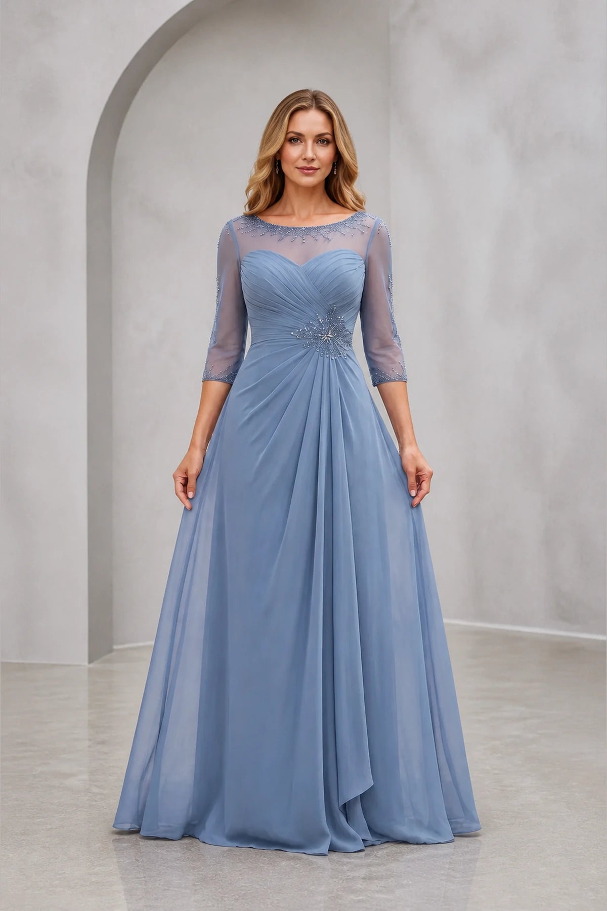 Graceprom dusty blue a-line mother of the bride dress, illusion neck 3/4 sheer sleeve beaded chiffon formal gown front view