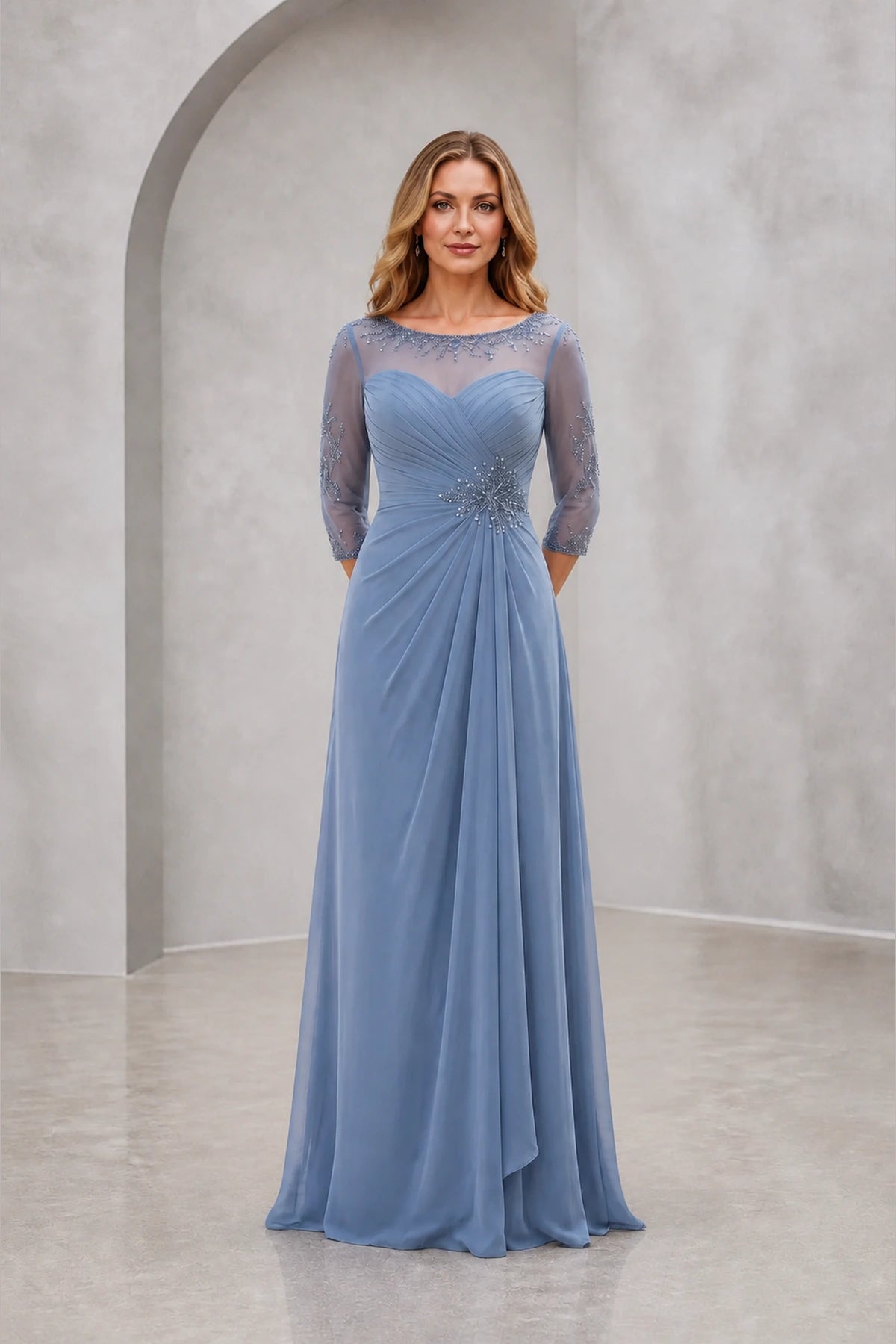 Elegant a-line illusion neck 3/4 sleeve illusion back long mother of the bride dress