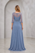 Graceprom dusty blue chiffon mother gown, sheer illusion back with beading, 3/4 sleeve long mother of the bride dress back view