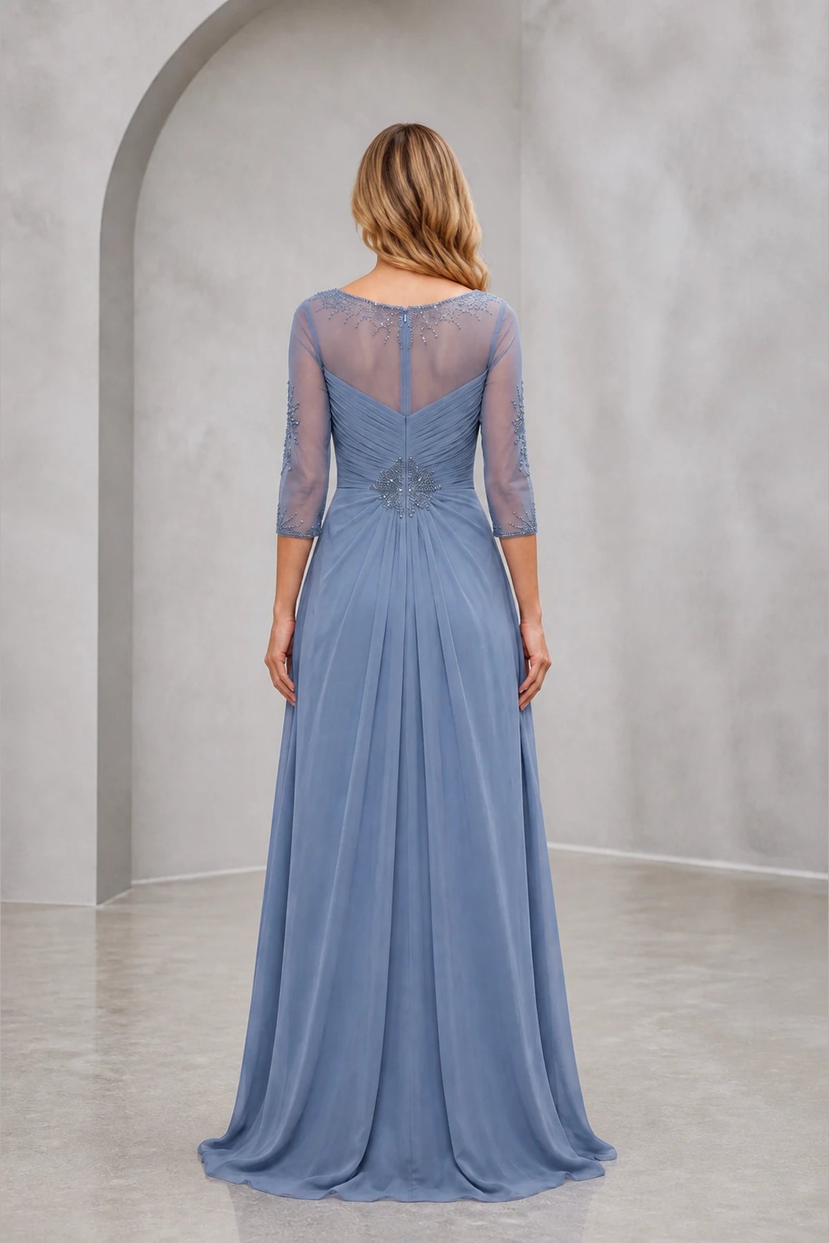 Graceprom dusty blue chiffon mother gown, sheer illusion back with beading, 3/4 sleeve long mother of the bride dress back view