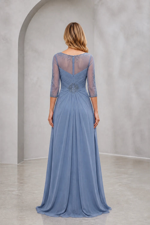Graceprom dusty blue chiffon mother gown, sheer illusion back with beading, 3/4 sleeve long mother of the bride dress back view