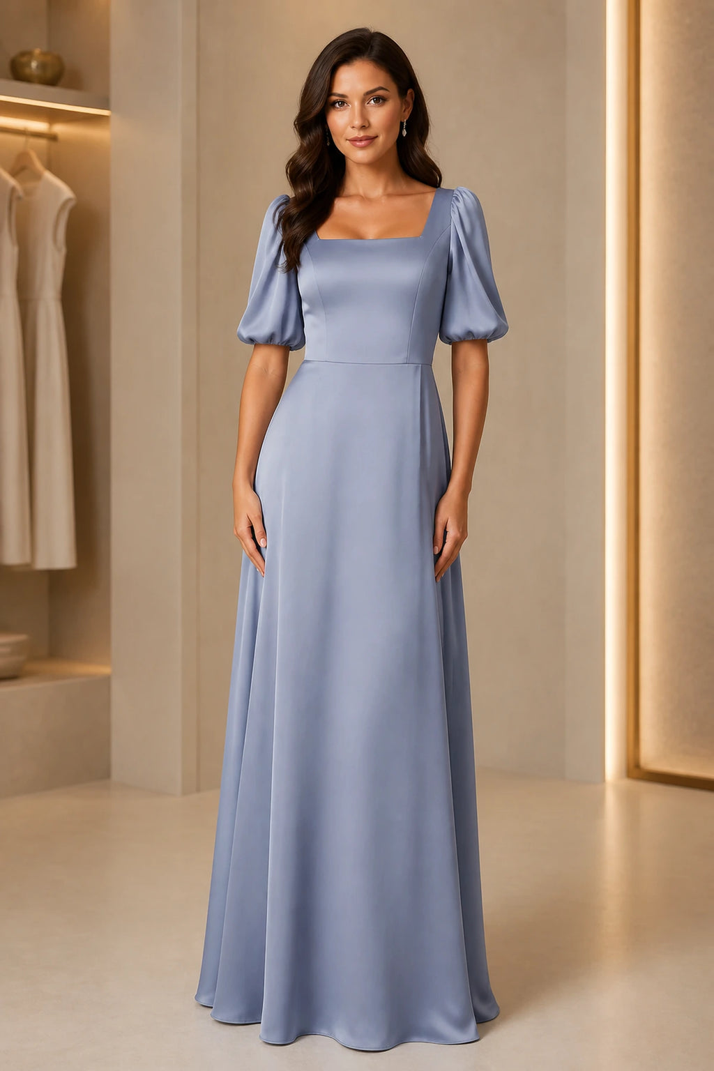 Dusty blue A-line bridesmaid dress with square neckline, puff sleeves and floor-length skirt by GraceProm