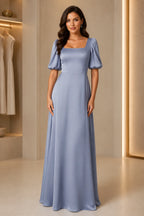 Dusty blue A-line bridesmaid dress with square neckline, puff sleeves and floor-length skirt by GraceProm