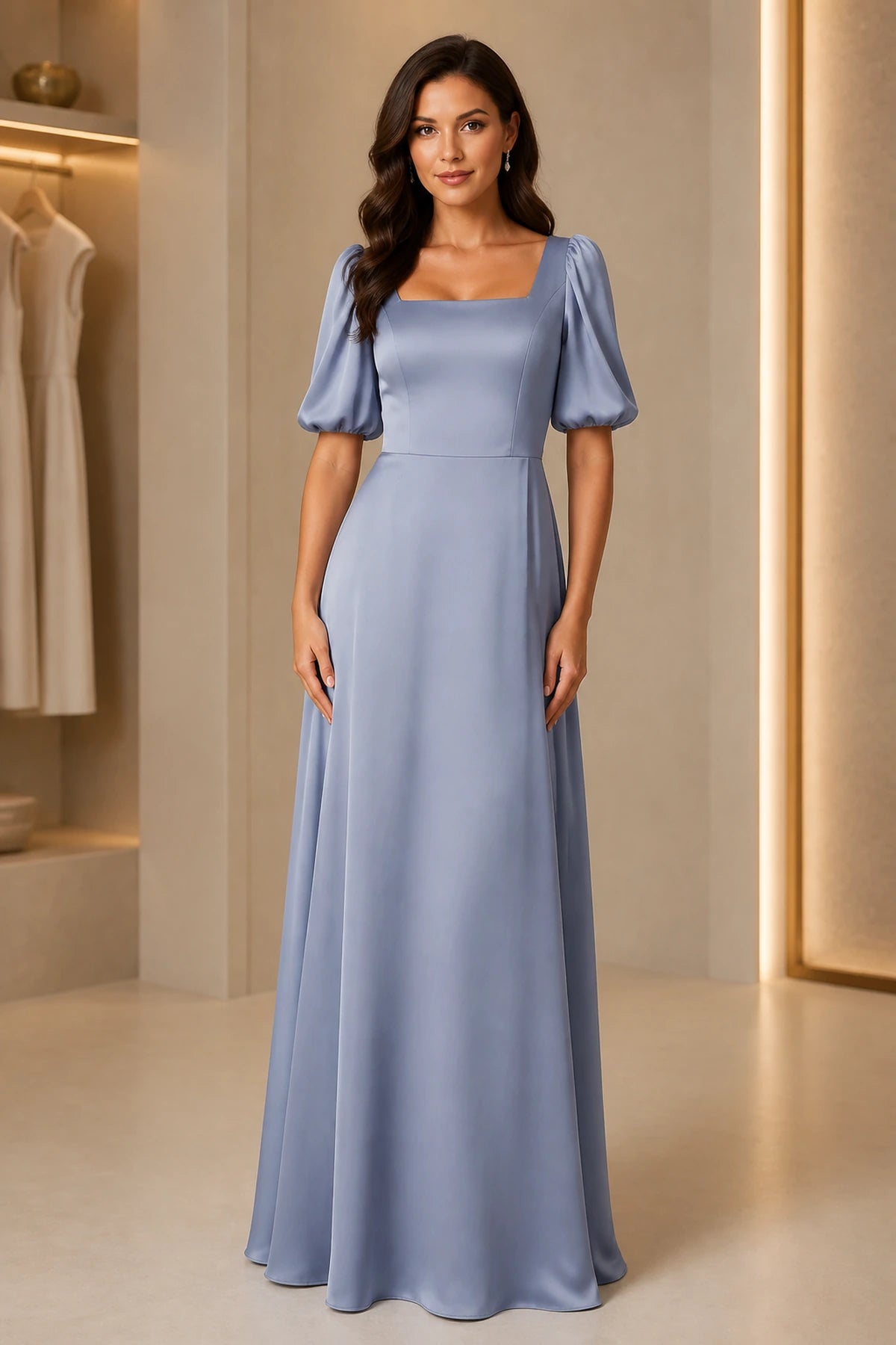 Dusty blue A-line bridesmaid dress with square neckline, puff sleeves and floor-length skirt by GraceProm