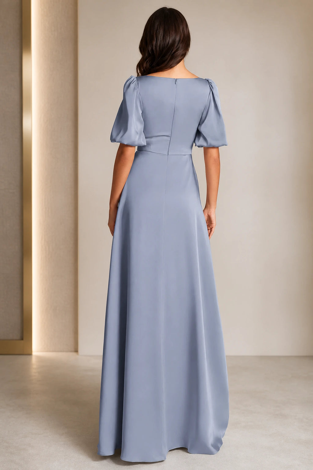 Back view of dusty blue bridesmaid dress with puff sleeves and center zipper closure by GraceProm
