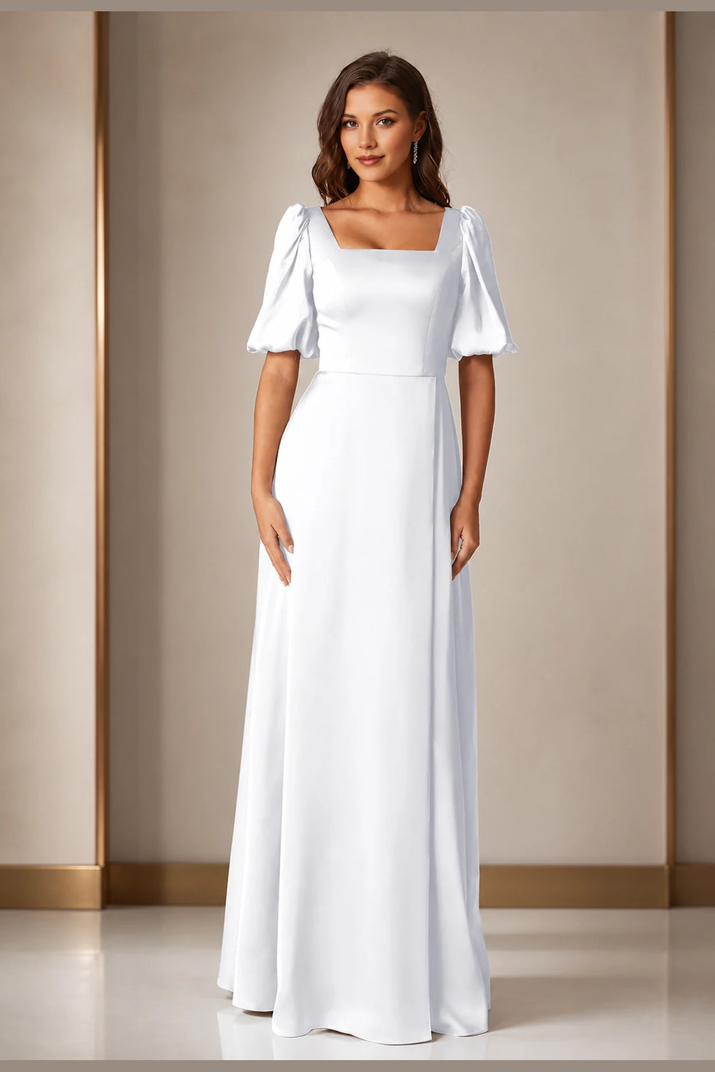Graceful A-Line Square-Neck Puff-Sleeve Zipper-Back Floor-Length Bridesmaid Dress