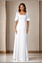 Graceful A-Line Square-Neck Puff-Sleeve Zipper-Back Floor-Length Bridesmaid Dress
