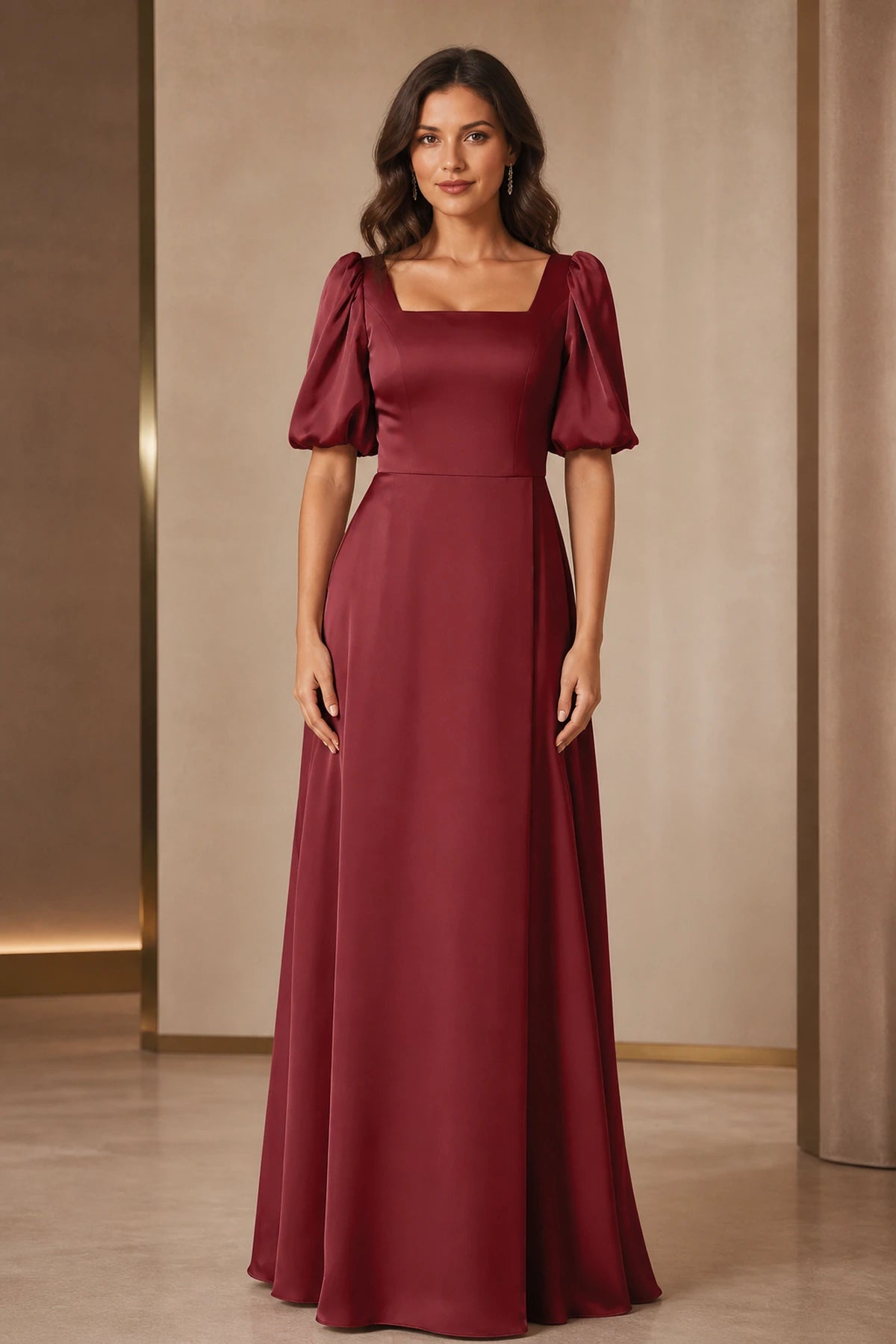Graceful A-Line Square-Neck Puff-Sleeve Zipper-Back Floor-Length Bridesmaid Dress