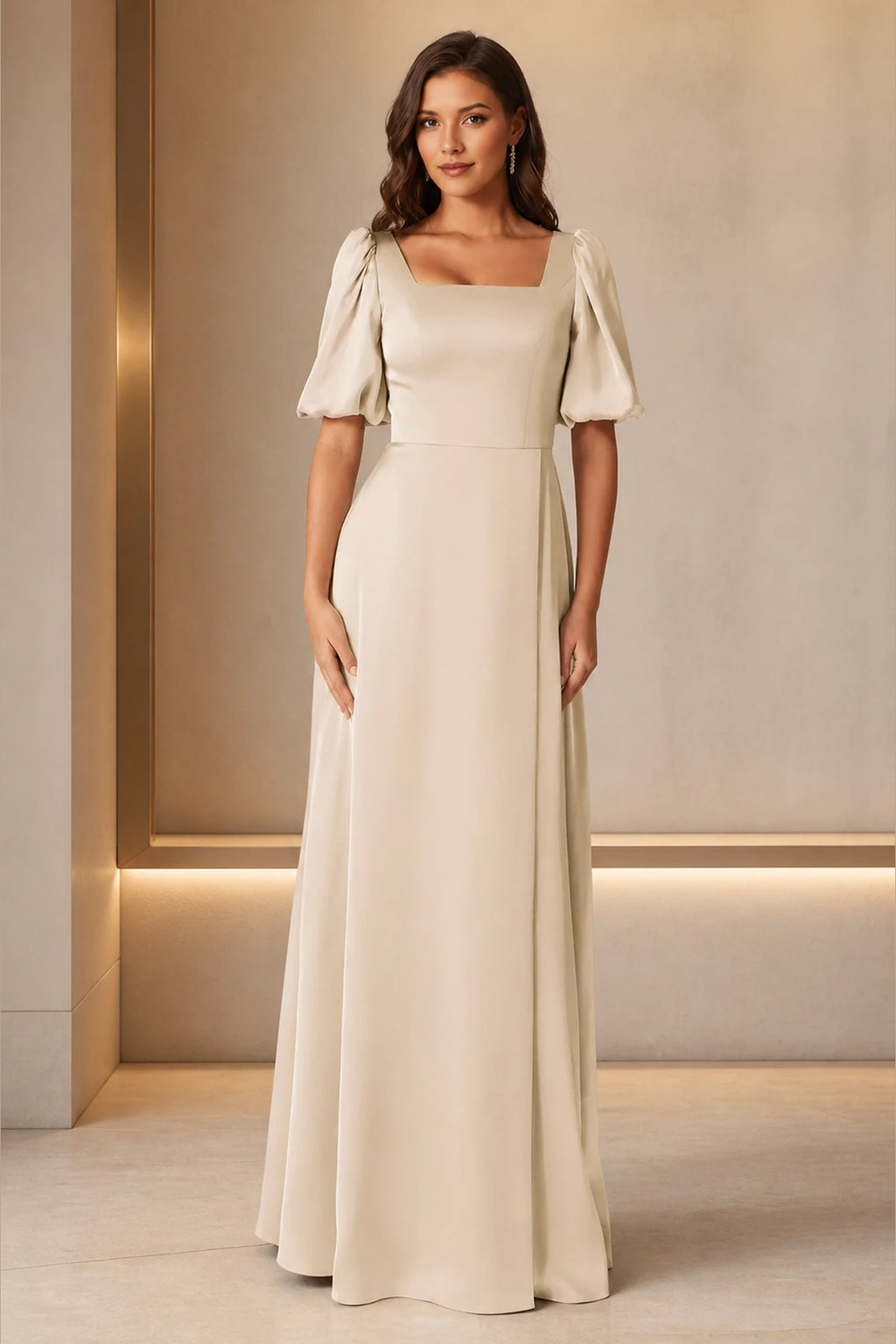 Graceful A-Line Square-Neck Puff-Sleeve Zipper-Back Floor-Length Bridesmaid Dress