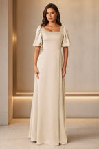 Graceful A-Line Square-Neck Puff-Sleeve Zipper-Back Floor-Length Bridesmaid Dress