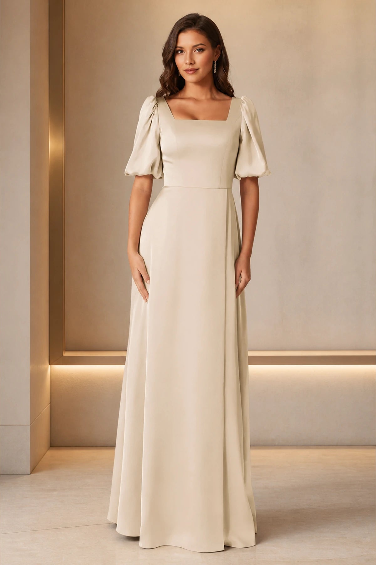 Graceful A-Line Square-Neck Puff-Sleeve Zipper-Back Floor-Length Bridesmaid Dress