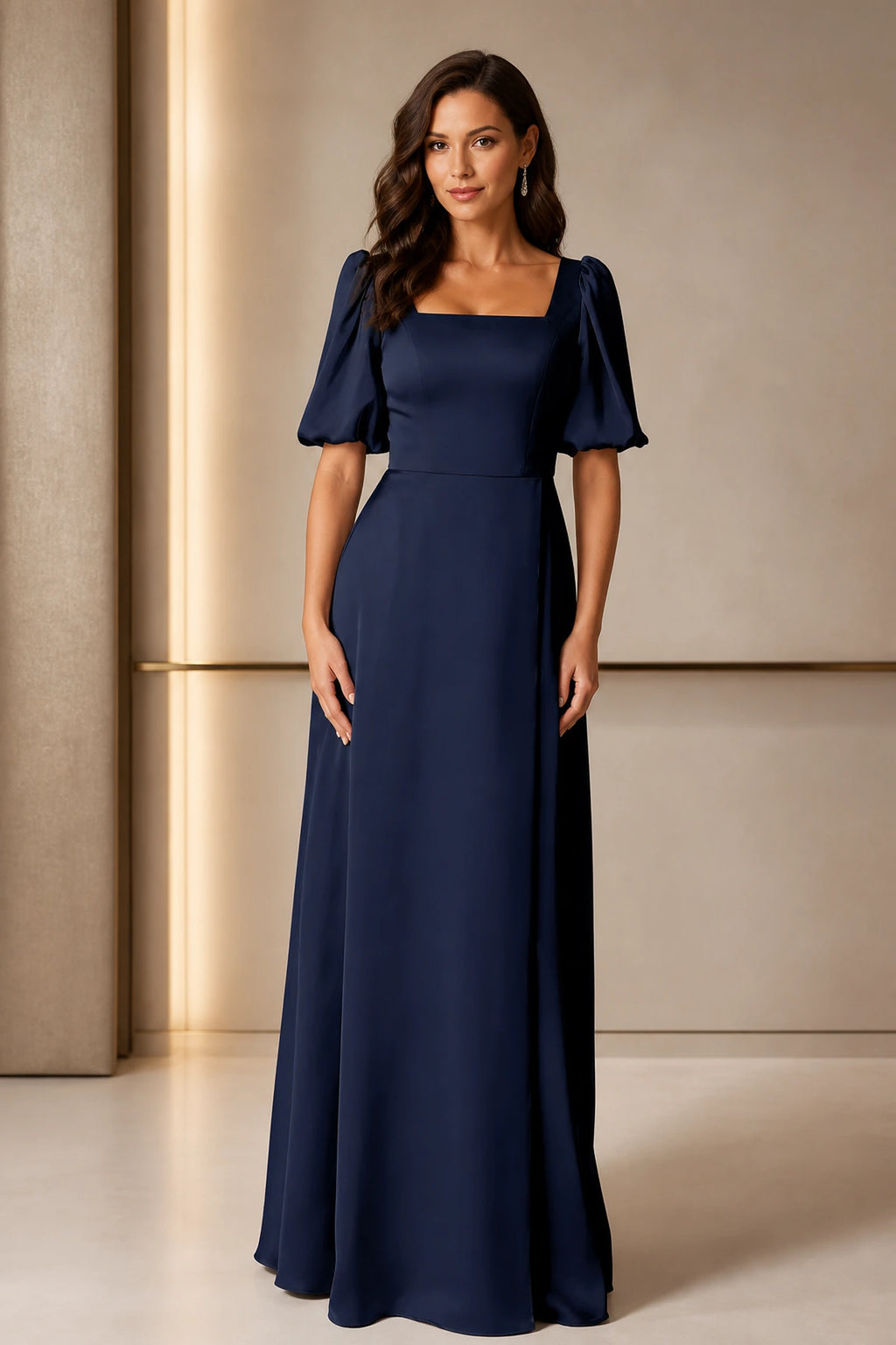 Graceful A-Line Square-Neck Puff-Sleeve Zipper-Back Floor-Length Bridesmaid Dress