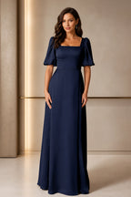 Graceful A-Line Square-Neck Puff-Sleeve Zipper-Back Floor-Length Bridesmaid Dress