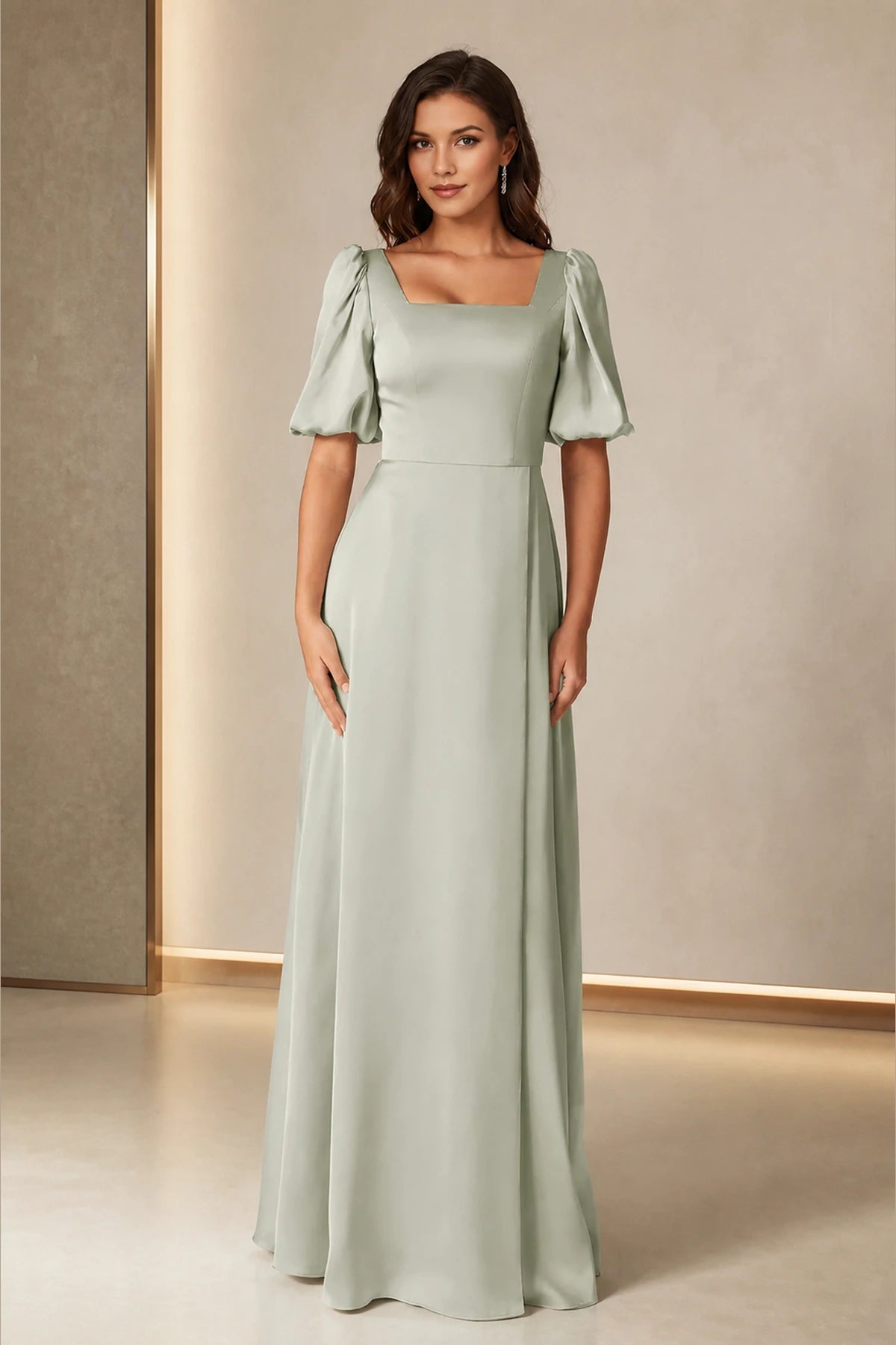 Graceful A-Line Square-Neck Puff-Sleeve Zipper-Back Floor-Length Bridesmaid Dress