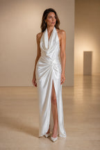 Satin Halter Cowl Twist Slit Open-Back Long Wedding Guest Dress