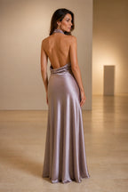 Back view Graceprom dusty lavender satin halter gown with dramatic open back and tie neck closure
