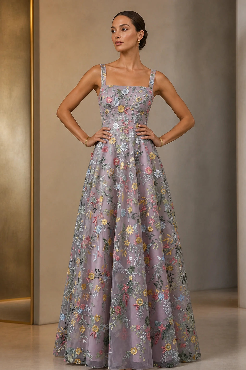 Dusty mauve floral embroidered square neck A-line wedding guest dress by GraceProm