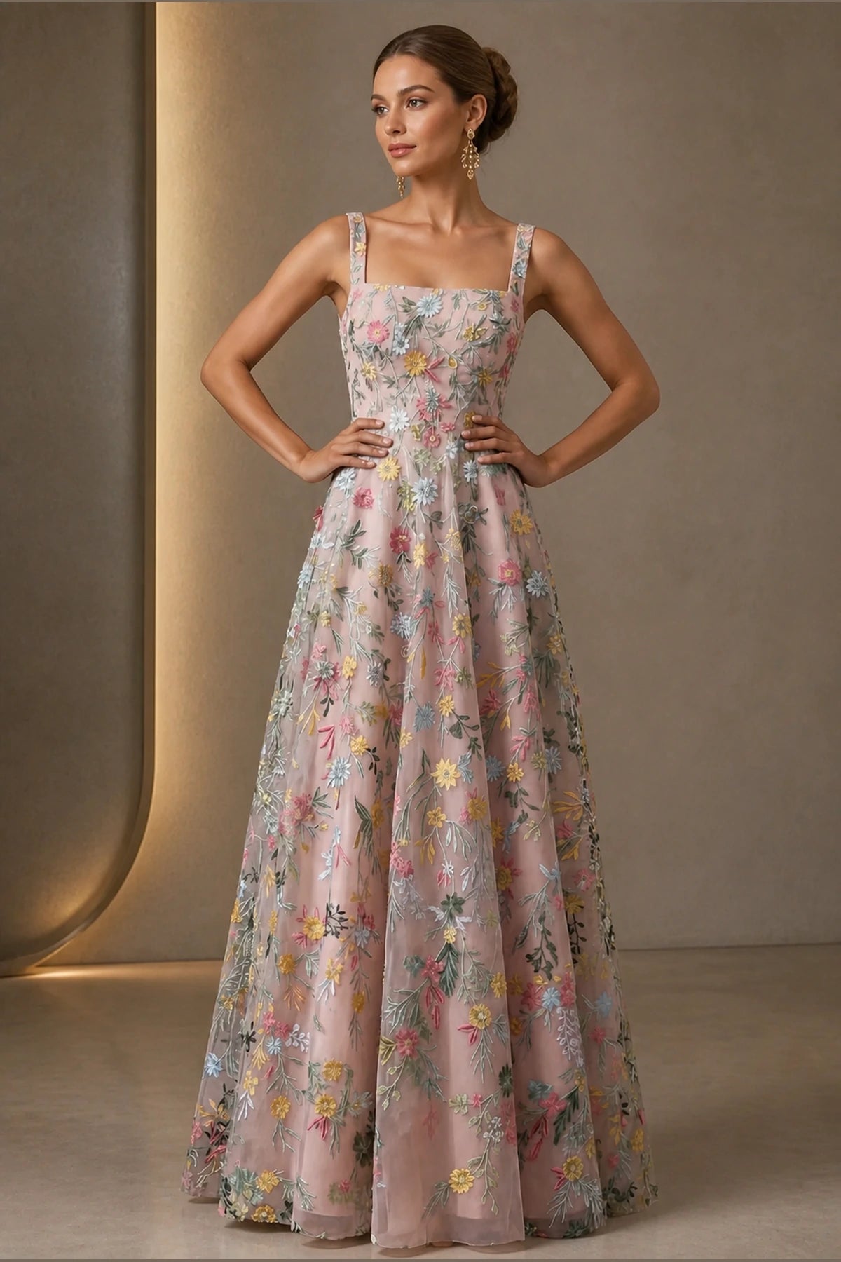 Romantic A-Line Square-Neck Sleeveless Zipper-Back Floor-Length Wedding Guest Dress