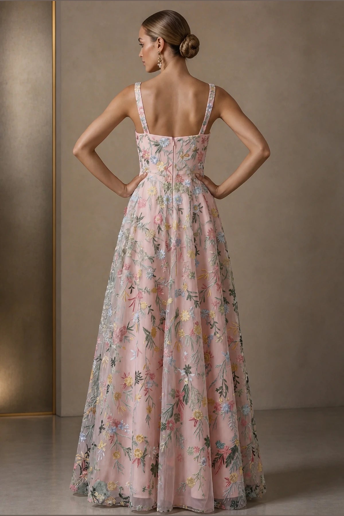 Romantic A-Line Square-Neck Sleeveless Zipper-Back Floor-Length Wedding Guest Dress