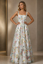 Romantic A-Line Square-Neck Sleeveless Zipper-Back Floor-Length Wedding Guest Dress