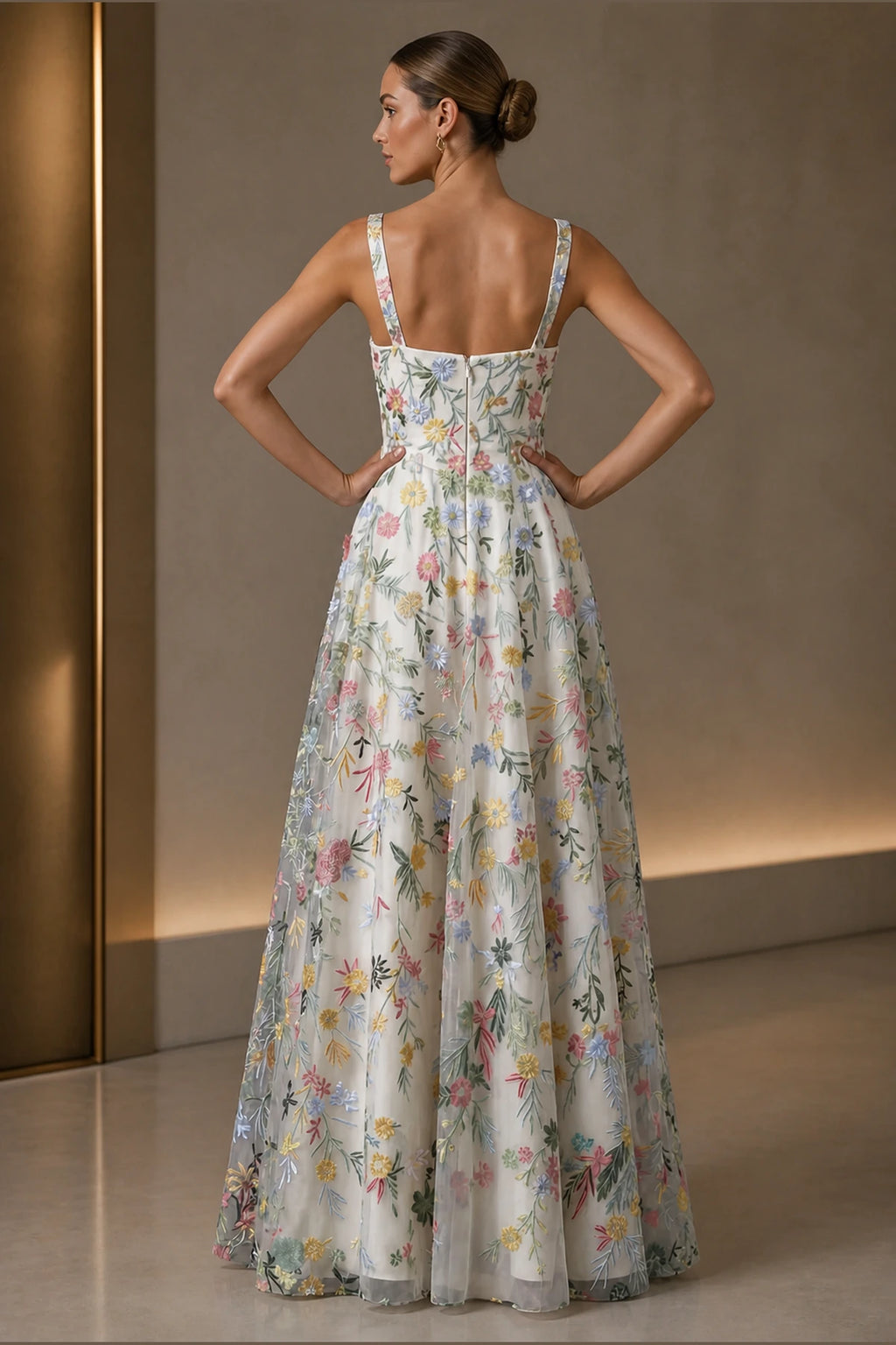 Romantic A-Line Square-Neck Sleeveless Zipper-Back Floor-Length Wedding Guest Dress