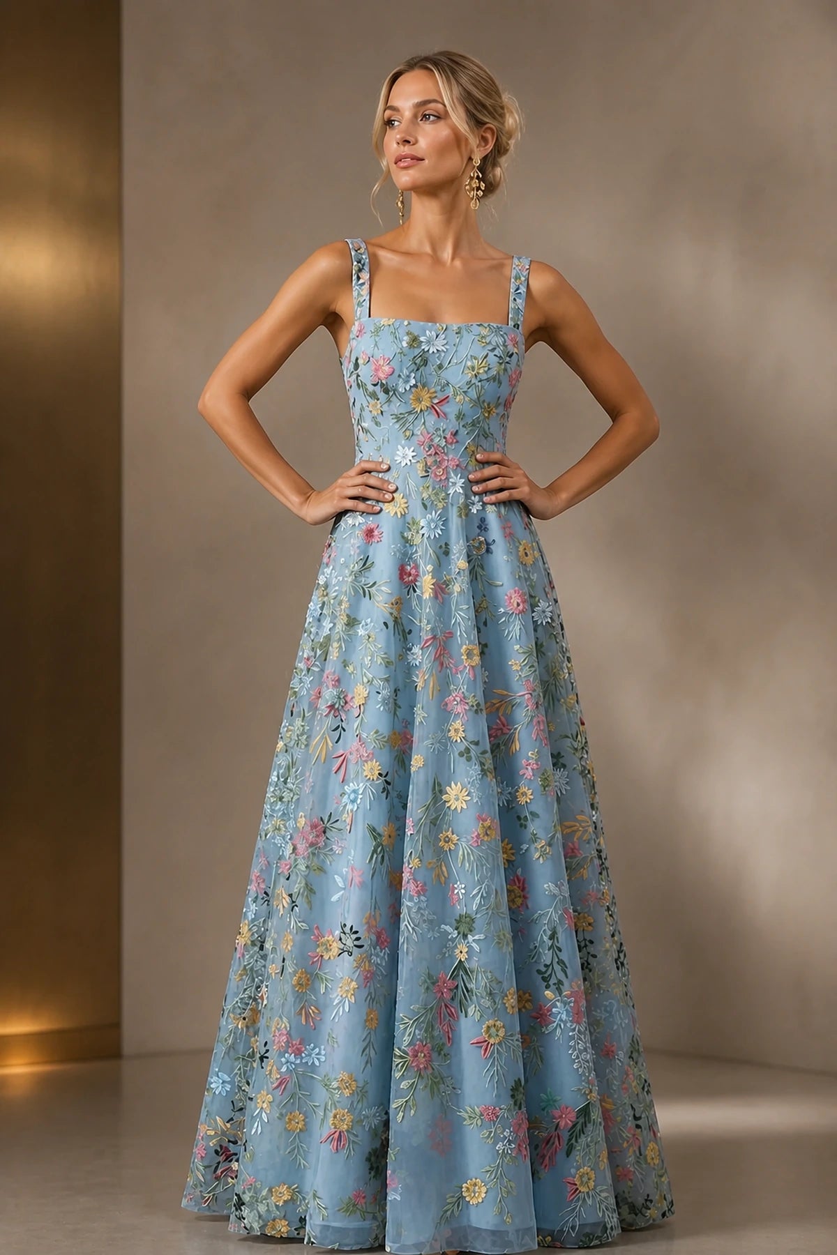 Romantic A-Line Square-Neck Sleeveless Zipper-Back Floor-Length Wedding Guest Dress
