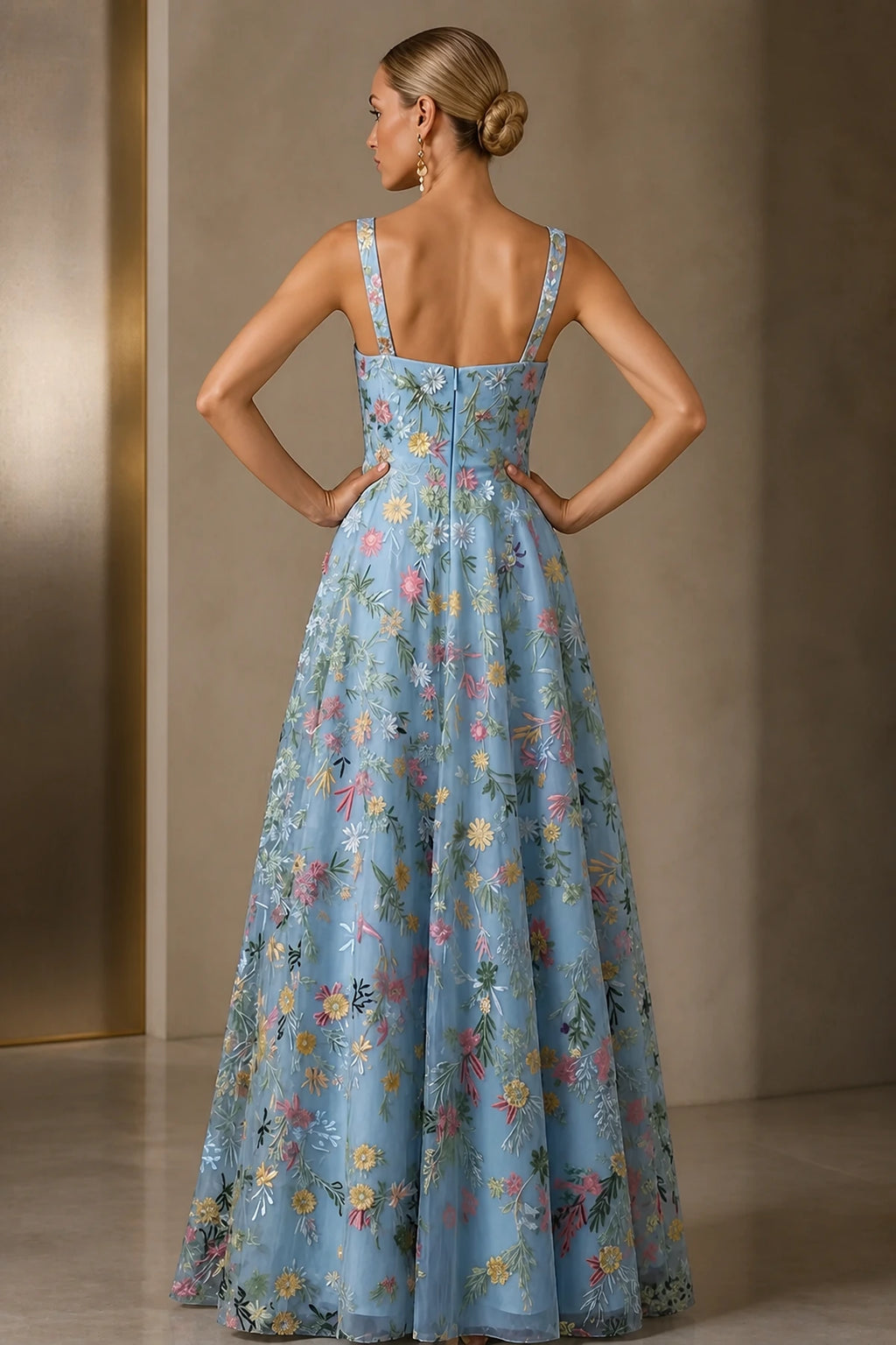 Romantic A-Line Square-Neck Sleeveless Zipper-Back Floor-Length Wedding Guest Dress