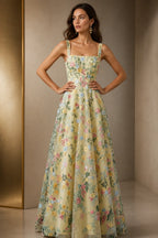Romantic A-Line Square-Neck Sleeveless Zipper-Back Floor-Length Wedding Guest Dress