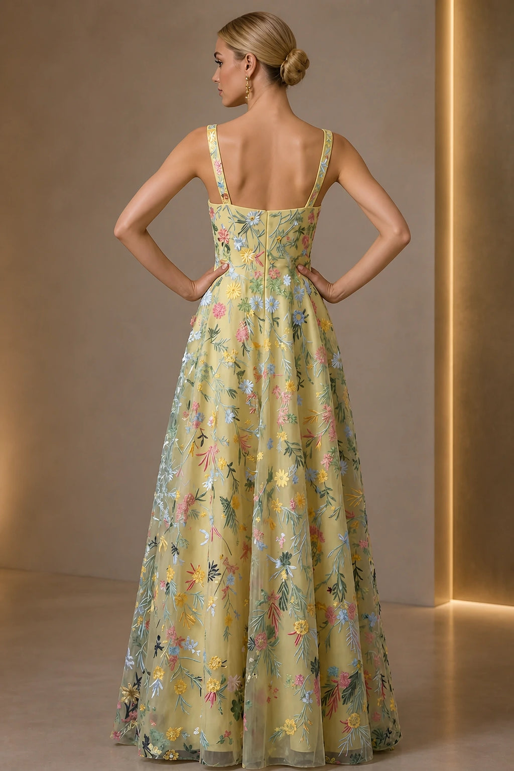 Romantic A-Line Square-Neck Sleeveless Zipper-Back Floor-Length Wedding Guest Dress
