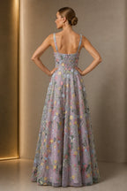 Back view of dusty mauve floral embroidered floor length wedding guest dress with zipper by GraceProm