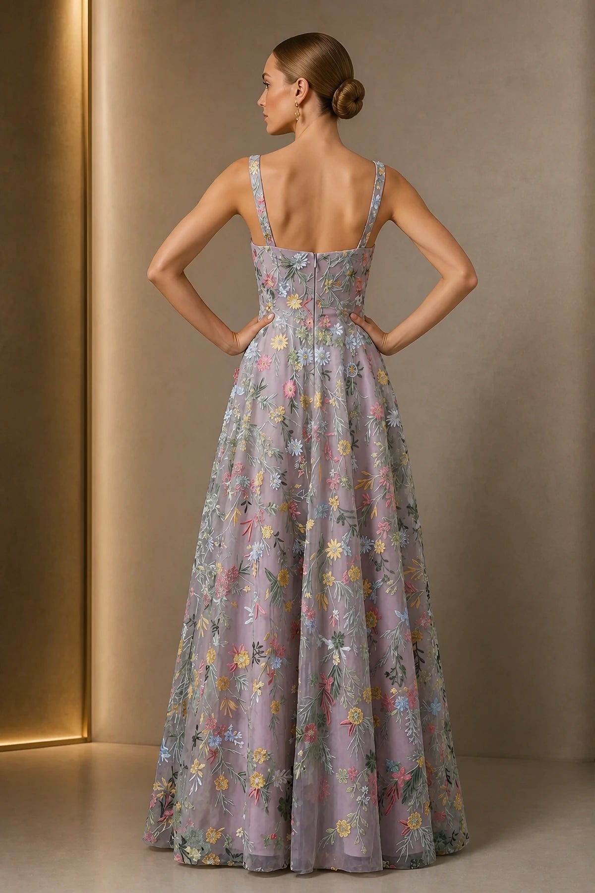 Back view of dusty mauve floral embroidered floor length wedding guest dress with zipper by GraceProm