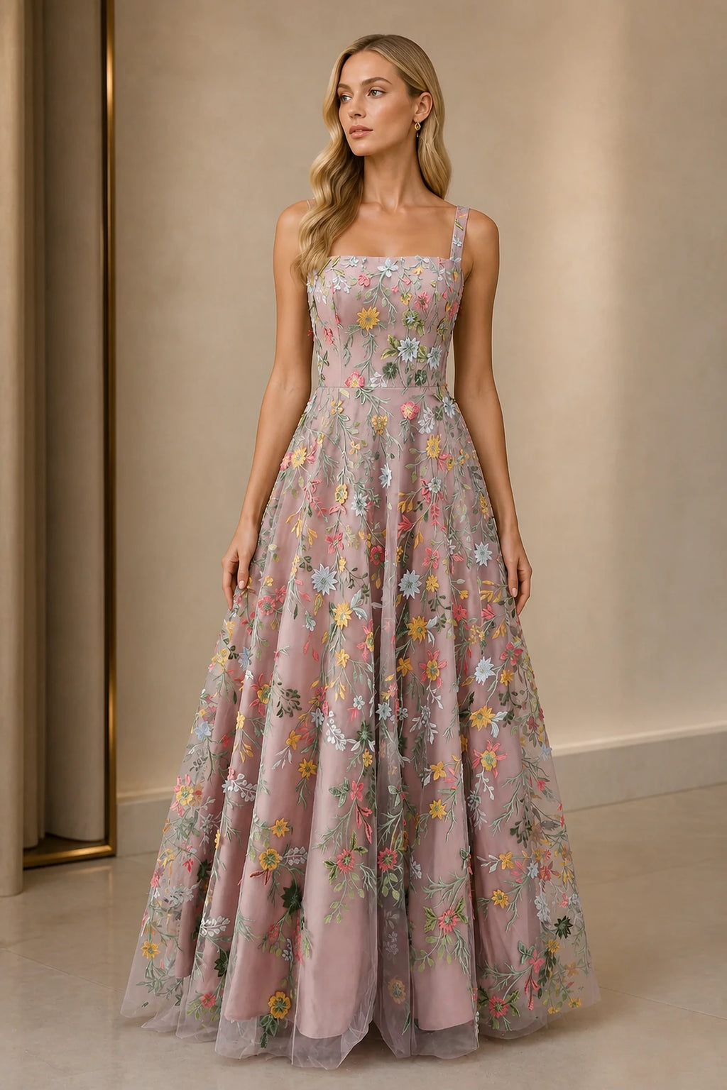 Romantic A-Line Square-Neck Sleeveless Zipper-Back Floor-Length Wedding Guest Dress