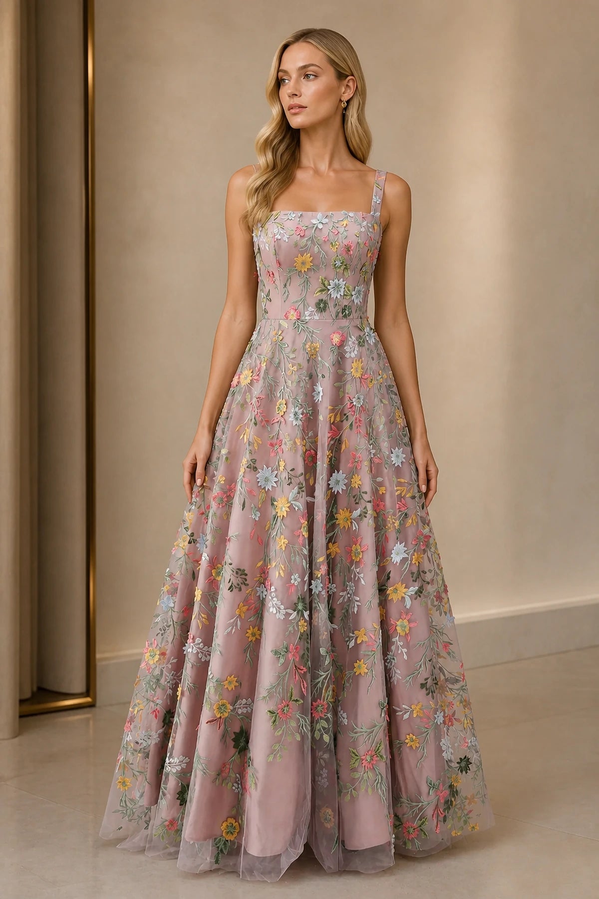 Romantic A-Line Square-Neck Sleeveless Zipper-Back Floor-Length Wedding Guest Dress