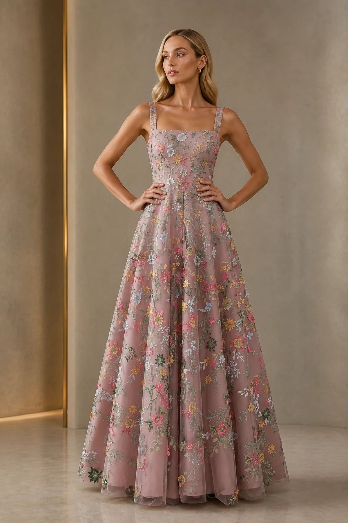 Romantic A-Line Square-Neck Sleeveless Zipper-Back Floor-Length Wedding Guest Dress