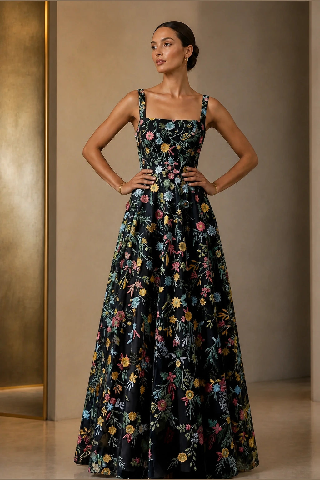 Romantic A-Line Square-Neck Sleeveless Zipper-Back Floor-Length Wedding Guest Dress