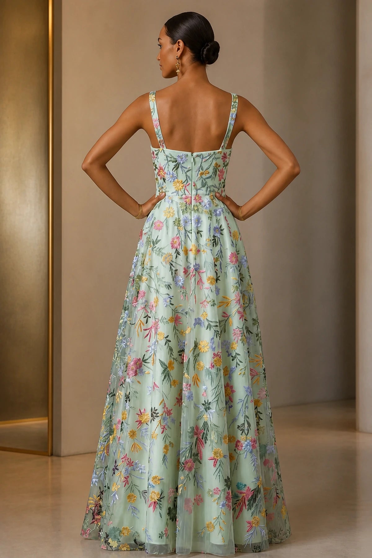 Romantic A-Line Square-Neck Sleeveless Zipper-Back Floor-Length Wedding Guest Dress