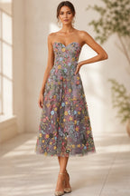 Dusty mauve floral embroidered strapless sweetheart midi wedding guest dress by GraceProm
