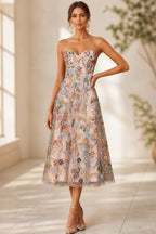 Romantic A-Line Sweetheart Strapless Zipper-Back Midi Wedding Guest Dress